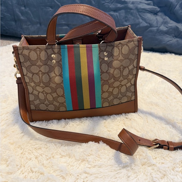 Coach Brown Tote with Multicolor Stripes - Picture 2 of 4